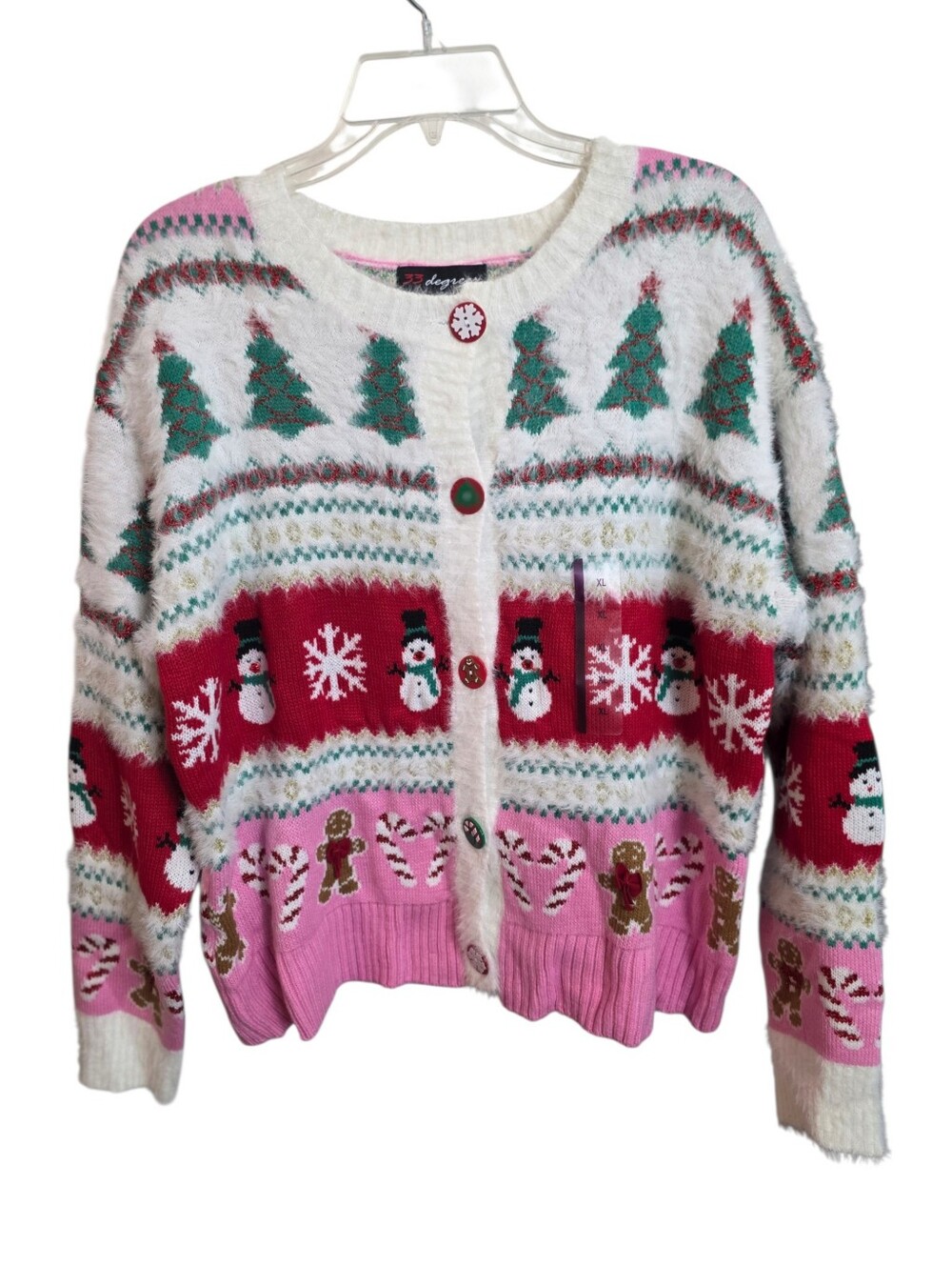 33 Degrees Women’s XL Christmas Cardigan Snowman Gingerbread Fuzzy Sweater - Picture 2 of 16
